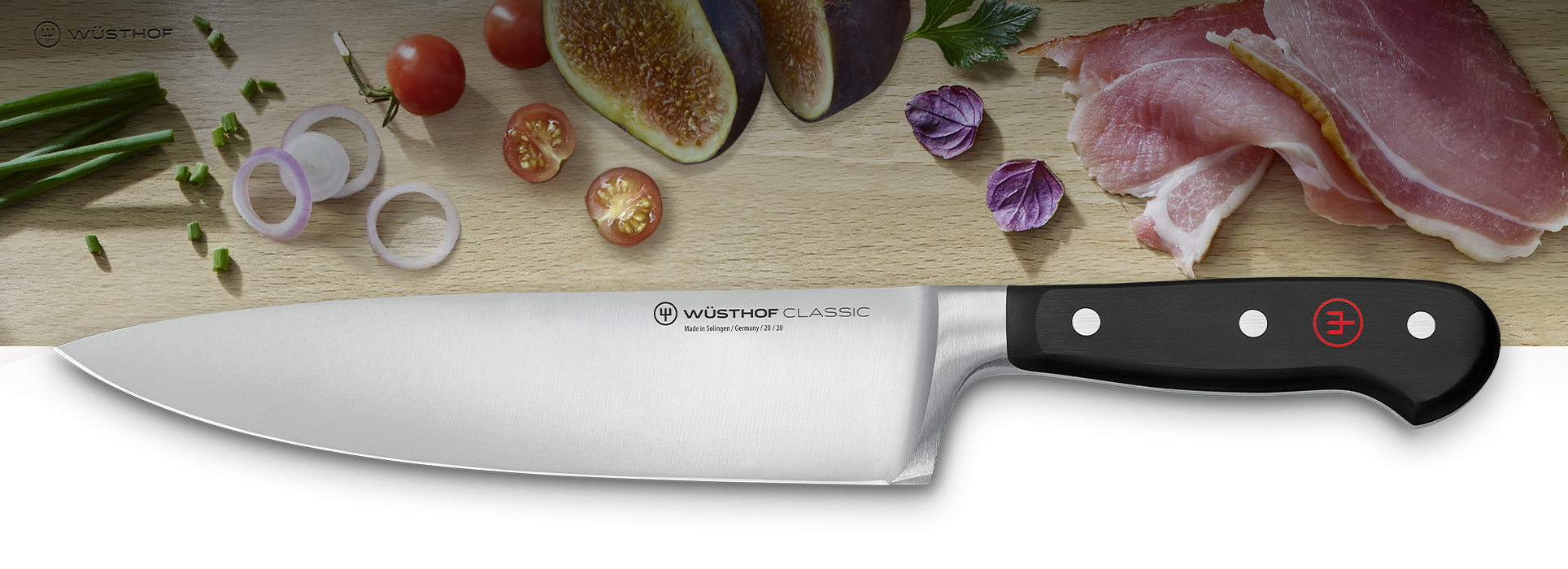 chef's knife with ingredients