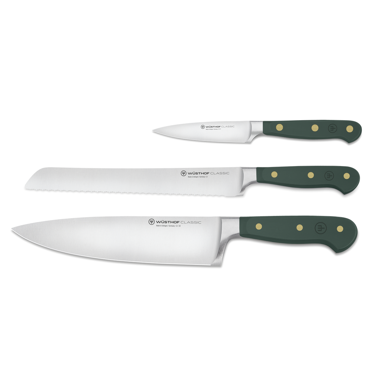 Set of knives with green handles on a white background