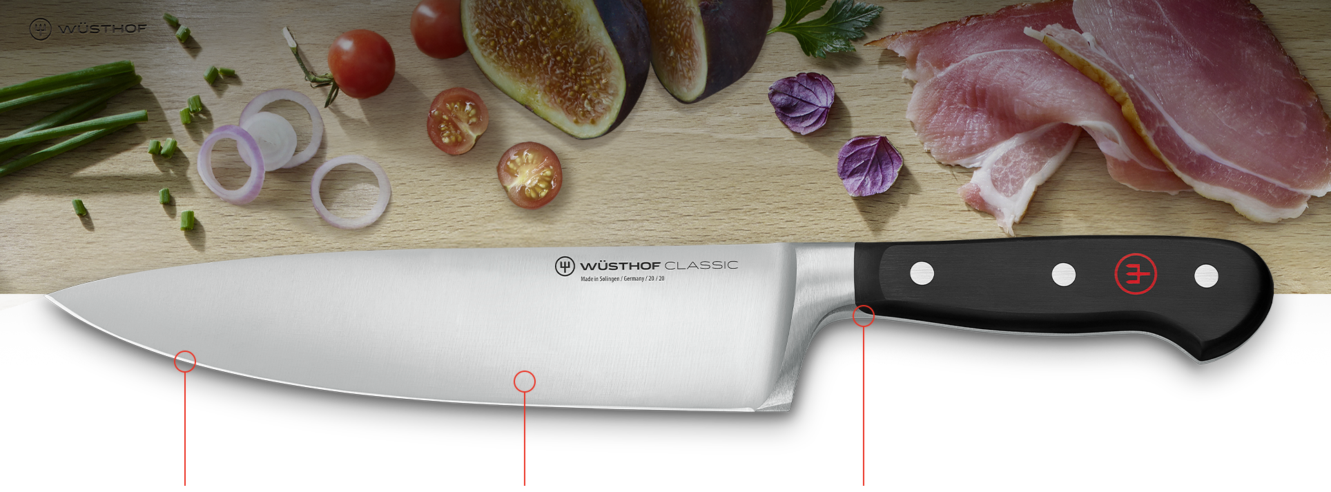 chef's knife with ingredient background
