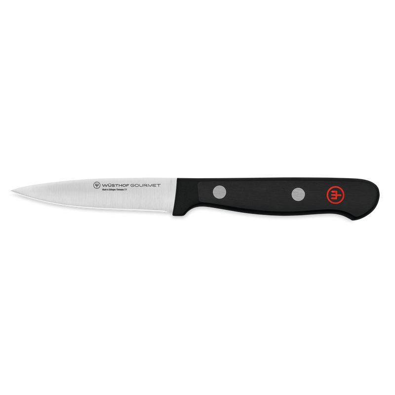 Gourmet Spear Point Paring Knife 8 cm | 3 inch featuring a sharp spear-point stainless steel blade and durable black handle with rivets for precise kitchen tasks.